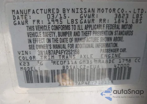 2015 Nissan Sentra S from USA, damaged, VIN 3N1AB7AP4FY252158